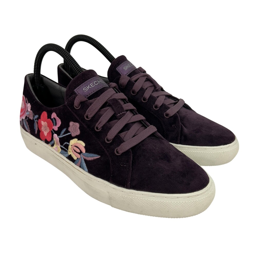 Skechers Shoes Womens Size 7 Burgundy Velvet Floral Embroidered Sneakers